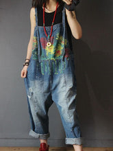 Denim Floral Print Long Jeans Jumpsuit